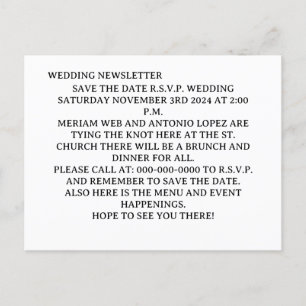WEDDING NEWSLETTER POSTCARD SAVE THE DATE