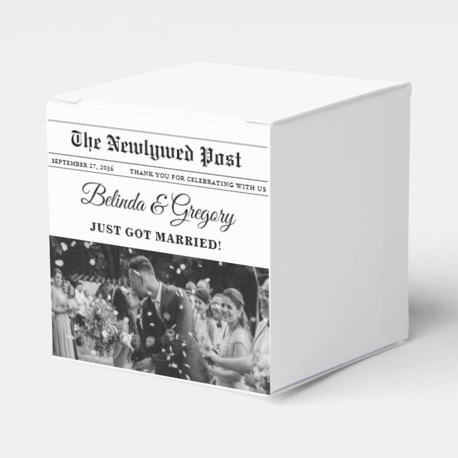 Wedding Newspaper Fun Black & White Photo Wedding  Favor Box (Front Side)