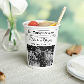 Wedding Newspaper Fun Black & White Photo Wedding  Paper Cups