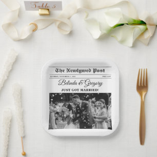 Wedding Newspaper Fun Black & White Photo Wedding Paper Plate