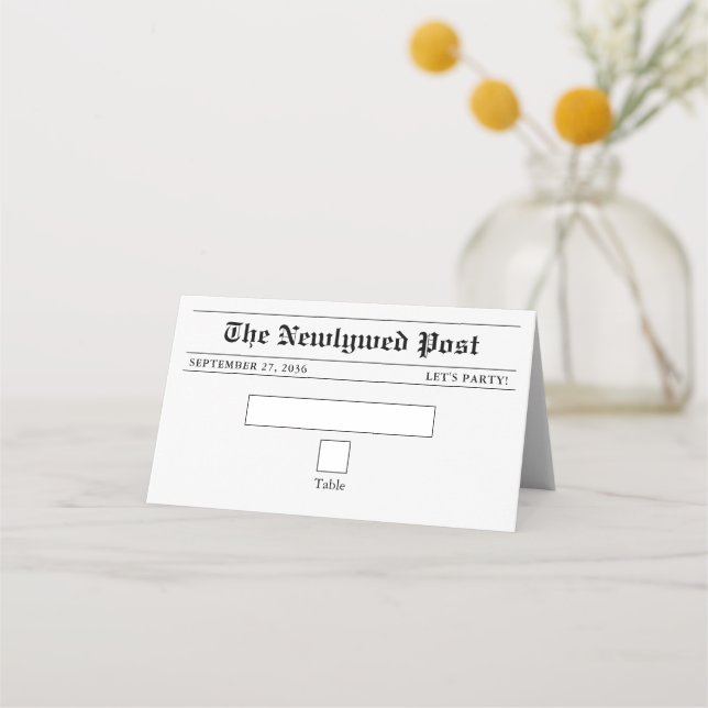 Wedding Newspaper Fun Black & White Photo Wedding  Place Card (Front)