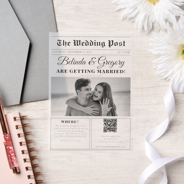 Wedding Newspaper Fun Black & White Photo Wedding  Vellum Invitations (Wedding)