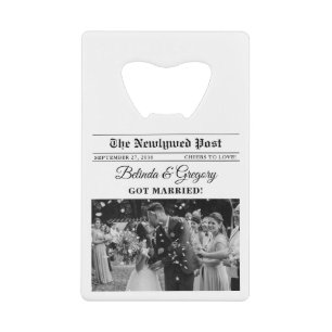 Wedding Newspaper Fun Black & White Wedding Favour Credit Card Bottle Opener