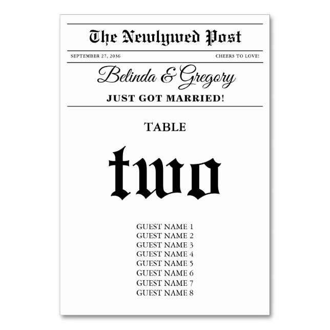 Wedding Newspaper Fun Black & White Wedding  Table Number (Front)