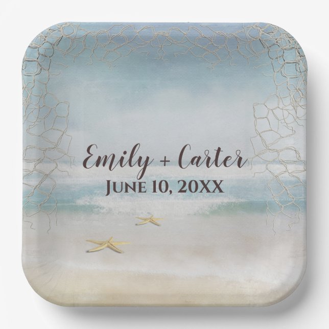 Wedding Ocean Beach With Starfish Paper Plate (Front)