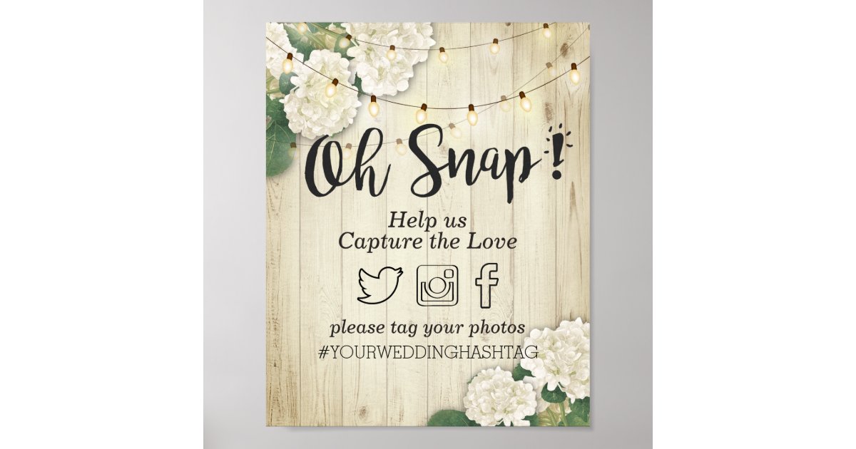 Wedding Oh Snap Hashtag Wood Floral String Lights Poster 