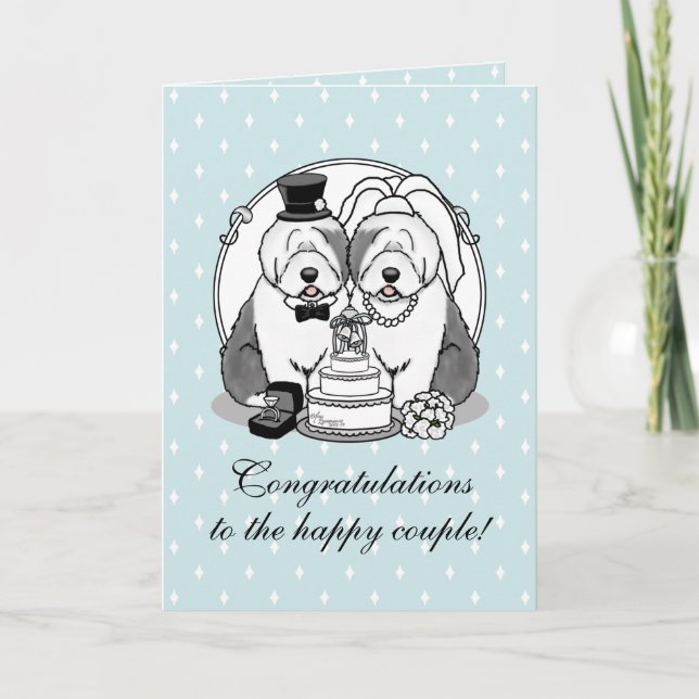 Wedding Old English Sheepdogs Bride Groom Gray 1 Card (Front)