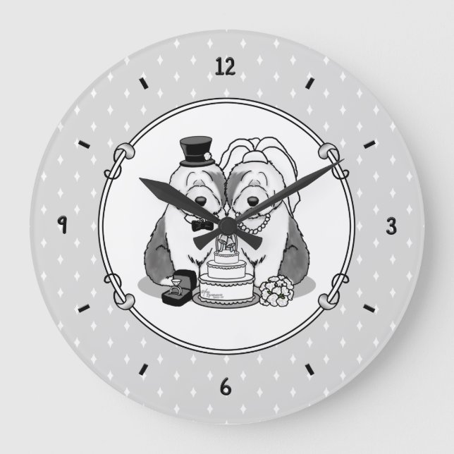 Wedding Old English Sheepdogs Bride Groom Gray 1 Large Clock (Front)