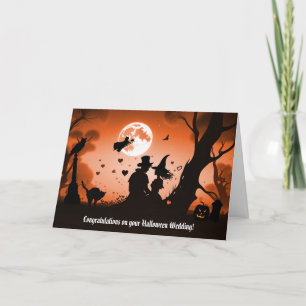 Wedding on Halloween Cute Couple with Witch Black Card