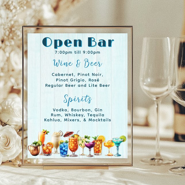 Wedding Open Bar Cocktails List Blue Wood Poster (Creator Uploaded)