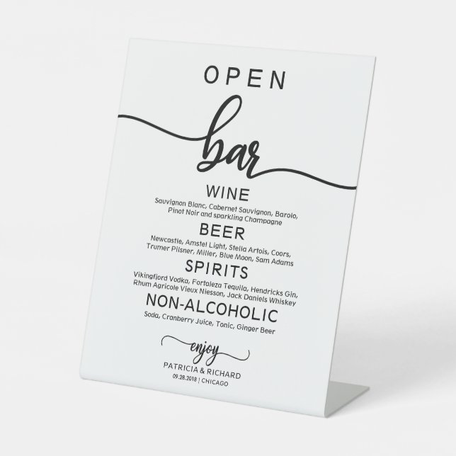 Wedding Open Bar Menu Sign Rustic Chic Calligraphy (Front)
