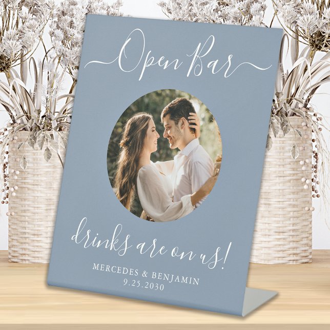 Wedding Open Bar Personalized Dusty Blue Photo Pedestal Sign (Creator Uploaded)