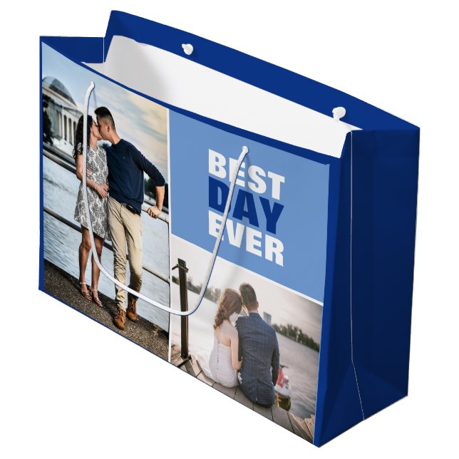 Wedding or Anniversary Photo Collage Blue Large Gift Bag (Front Angled)