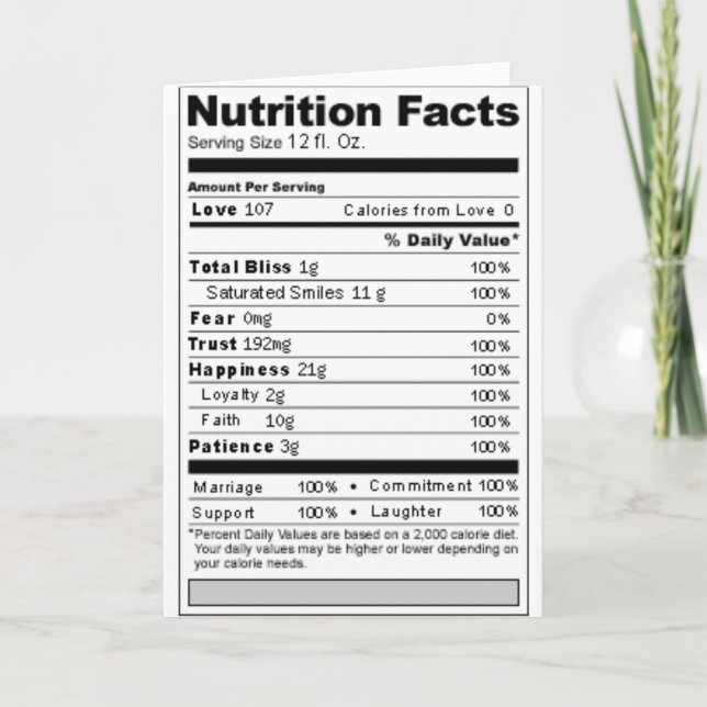 Wedding or Anniversary Sweet Funny Nutrition Label Card (Front)