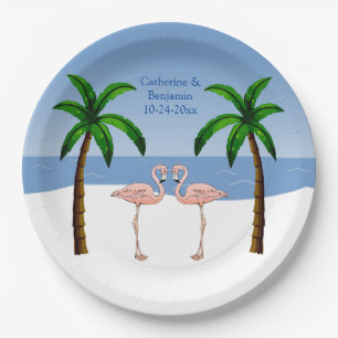 Wedding or Engagement Flamingos Beach Palm Trees Paper Plate
