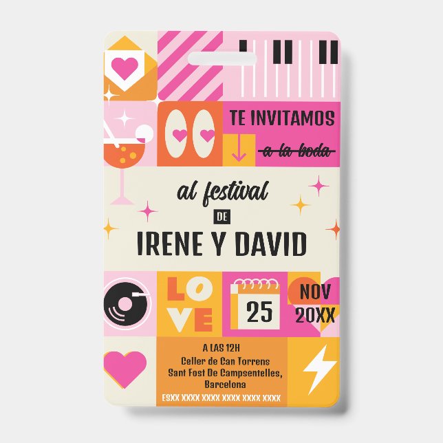Wedding Orange and Pink Festival Retro WedFest Badge (Front)