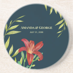Wedding Orange Lily Illustration Dark Turquoise Coaster