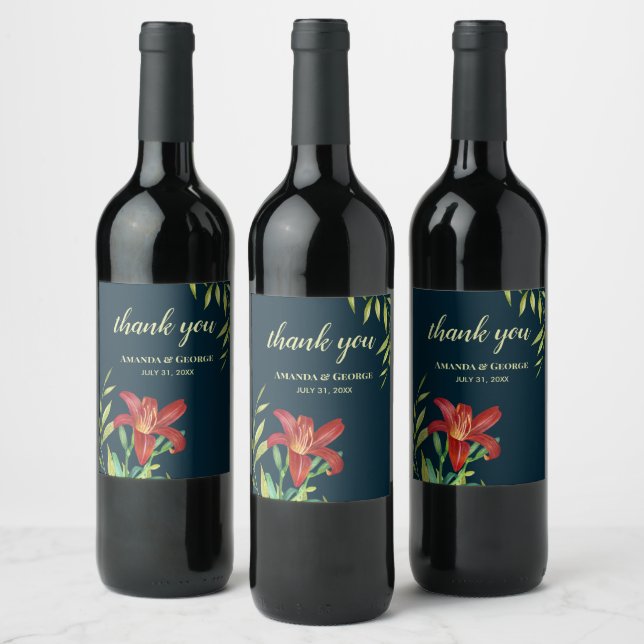Wedding Orange Lily Illustration Dark Turquoise Wine Label (Bottles)