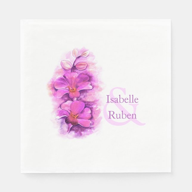 Wedding orchid watercolor lunch paper napkin (Front)
