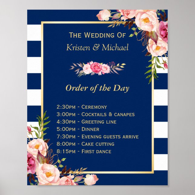 Wedding Order of The Day Floral Navy Blue Stripes Poster (Front)