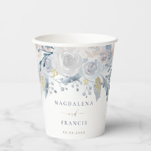 wedding pale blue roses paper cups