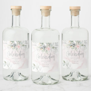 Wedding   Pale Green Foliage Blush Pink Roses Liquor Bottle Label