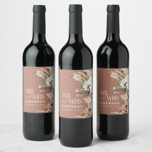 Wedding pampas eucalyptus modern mr and mrs party  wine label