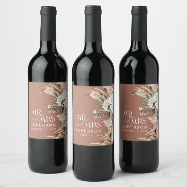 Wedding pampas eucalyptus modern mr and mrs party  wine label (Bottles)