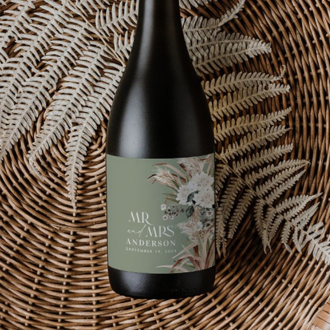 Wedding pampas eucalyptus modern mr and mrs party  wine label (Creator Uploaded)