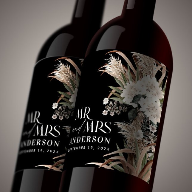 Wedding pampas eucalyptus modern mr and mrs party  wine label (Creator Uploaded)