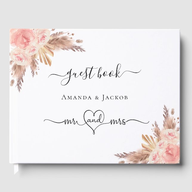 Wedding pampas grass floral rose gold boho guest book (Front)