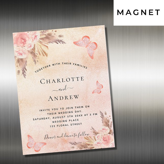 Wedding pampas grass rose gold butterfly luxury magnetic invitation (Creator Uploaded)