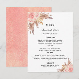 Wedding pampas grass rose gold floral menu card