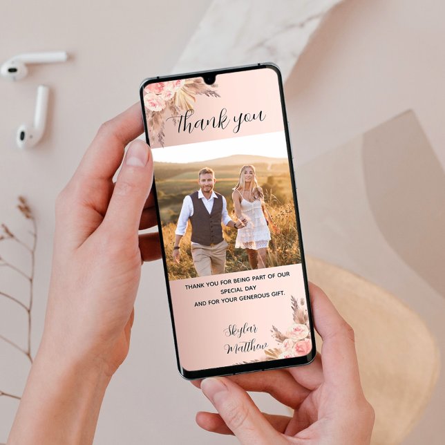 Wedding pampas grass rose photo thank you card (Creator Uploaded)