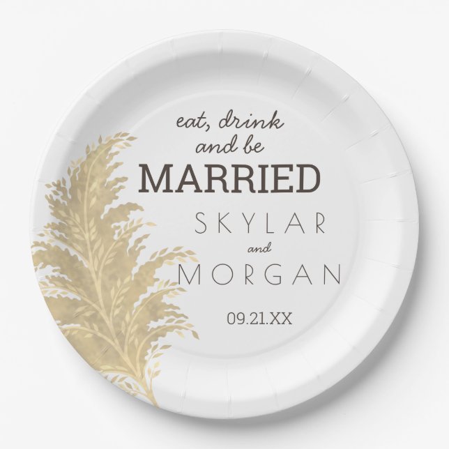 Wedding Pampas Grass Tan On White Boho Rustic Paper Plate (Front)