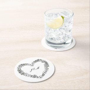 Wedding Paper Coasters Black & White Floral Heart