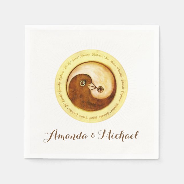 WEDDING PAPER NAPKIN. Gold YinYang doves. Napkin (Front)