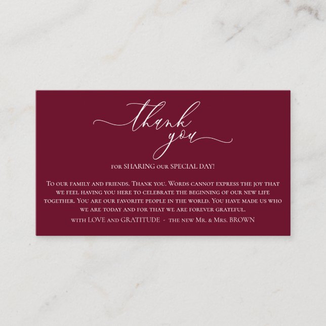 Wedding Party Ceremony Photo Thank You burgundy Enclosure Card (Front)