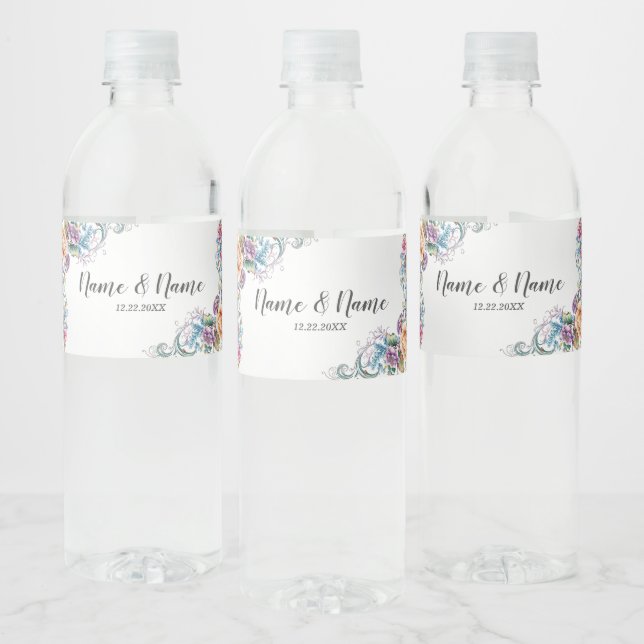 Wedding Party Colourful Flowers Elegant Modern Water Bottle Label (Bottles)