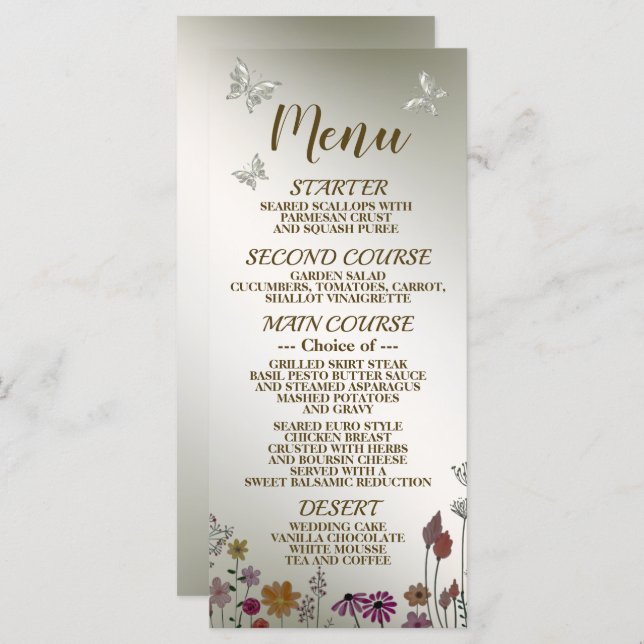 Wedding Party Colourful Garden Flowers Butterflies Menu (Front/Back)