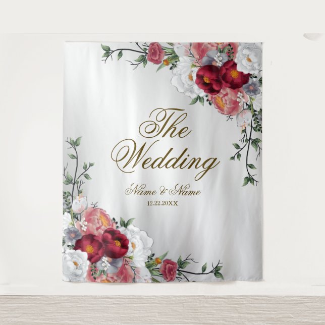  Wedding Party Colourful Red White Floral Silver Tapestry (Front)