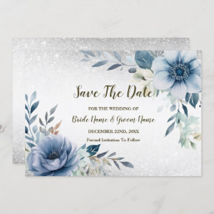 Wedding Party Dusty Blue Watercolor Flowers Silver Save The Date