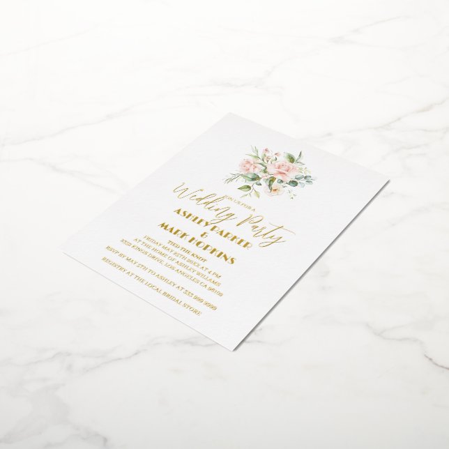Wedding Party Gold Foil Typography Pink Roses  Foil Invitation Postcard (Rotated)