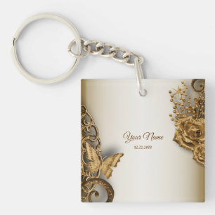 Wedding Party Golden Floral Butterfly Vintage Keychain