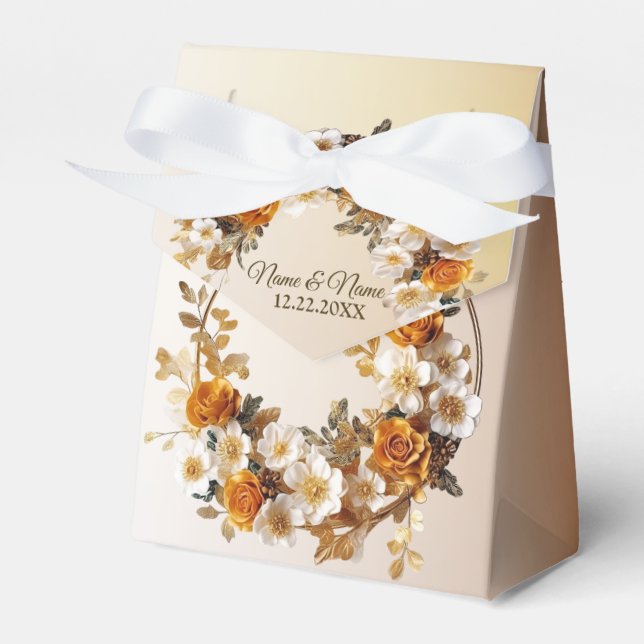 Wedding Party Golden Orange White Flowers Rustic Favor Box (Front Side)