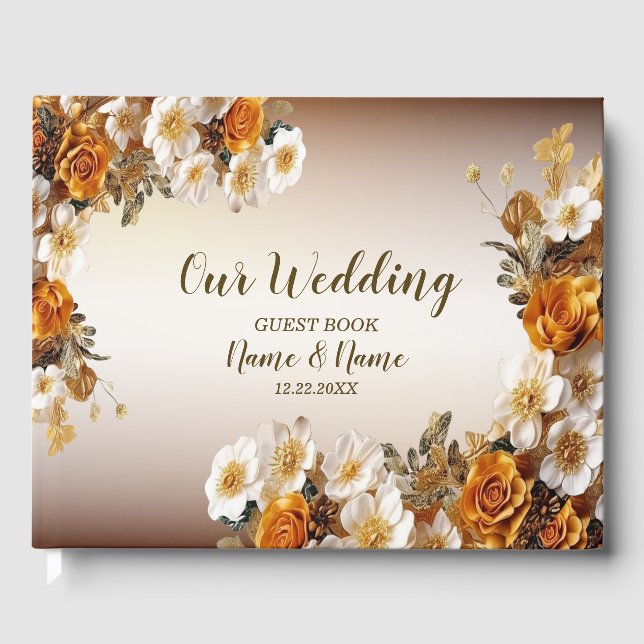 Wedding Party Golden Orange White Flowers Rustic Guest Book (Front)
