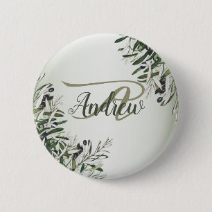 Wedding Party Green Leaves Black Olive Elegant 2 Inch Round Button