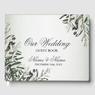 Wedding Party Green Leaves Black Olive Elegant Guest Book