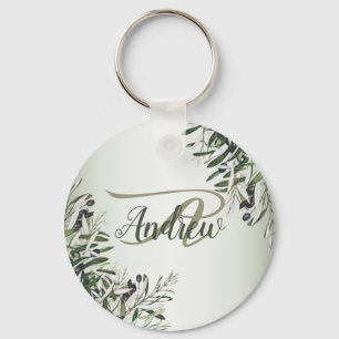 Wedding Party Green Leaves Black Olive Elegant Keychain