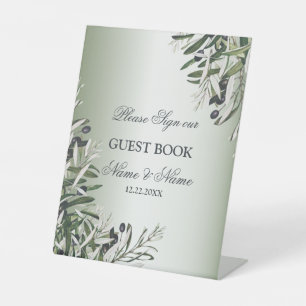 Wedding Party Green Leaves Black Olive Elegant Pedestal Sign